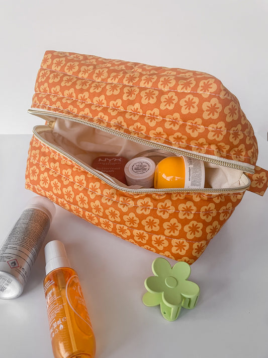 Orange Flower Makeup Bag, Size Large