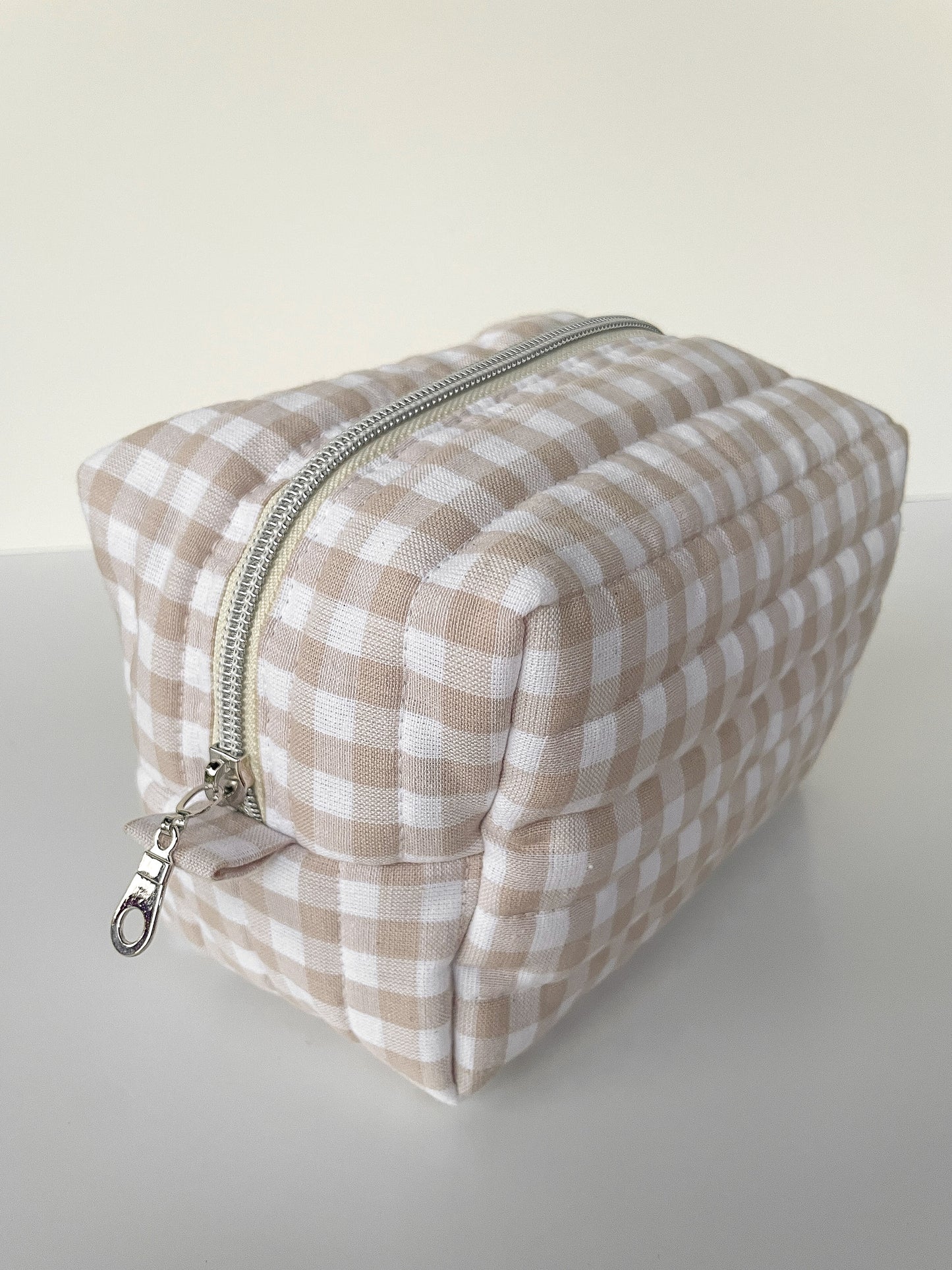 Neutral Gingham Makeup Bag, Size Small