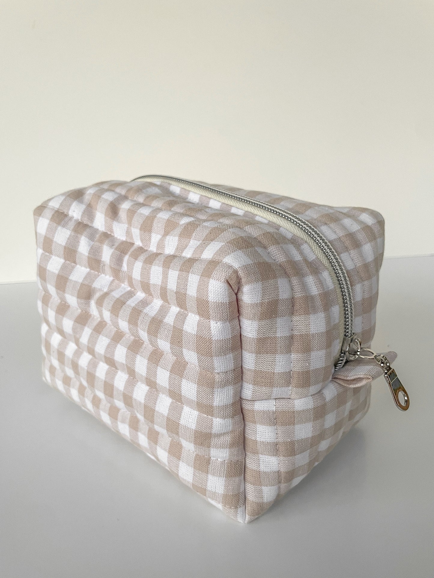 Neutral Gingham Makeup Bag, Size Small