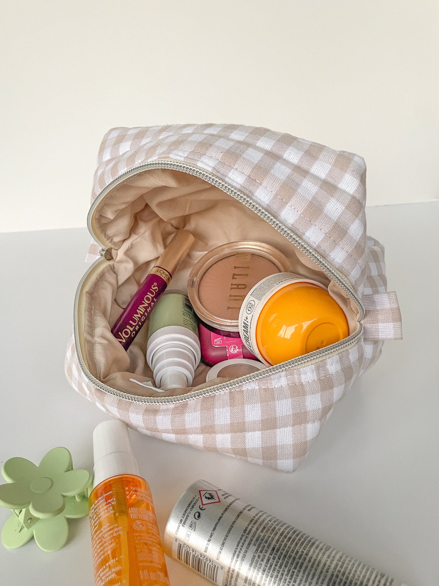 Neutral Gingham Makeup Bag, Size Small