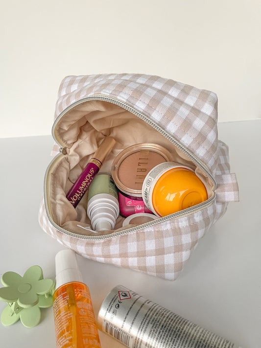 Neutral Gingham Makeup Bag, Size Small